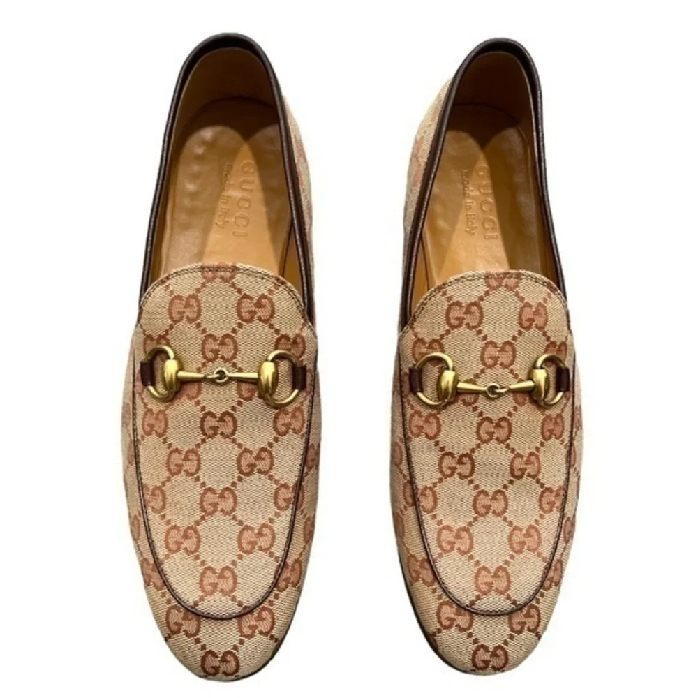 GUCCI Men’s Jordaan Brown GG Canvas Logo Horsebit Loafers Size 7 - Picture 2 of 11